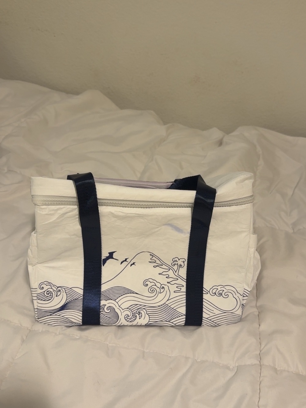 White Cosmetic Tote with Navy Wave Print and Navy Handles